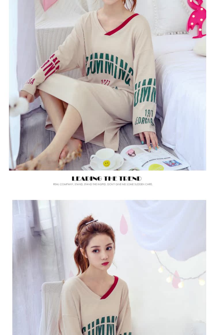 Váy ngủ nữ mùa thu cotton dài tay cotton rộng kích thước lớn ngọt ngào và đáng yêu phiên bản Hàn Quốc của cổ chữ V có thể mặc bên ngoài quần áo đầm xòe đẹp