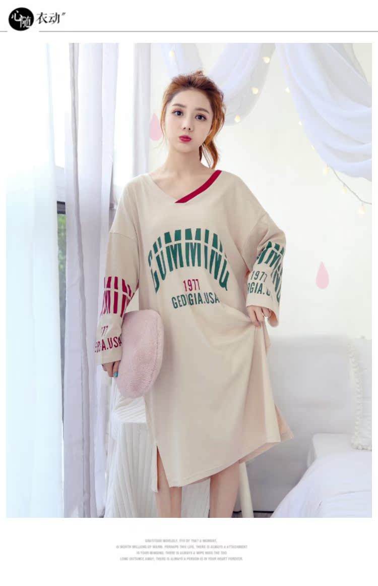 Váy ngủ nữ mùa thu cotton dài tay cotton rộng kích thước lớn ngọt ngào và đáng yêu phiên bản Hàn Quốc của cổ chữ V có thể mặc bên ngoài quần áo đầm xòe đẹp