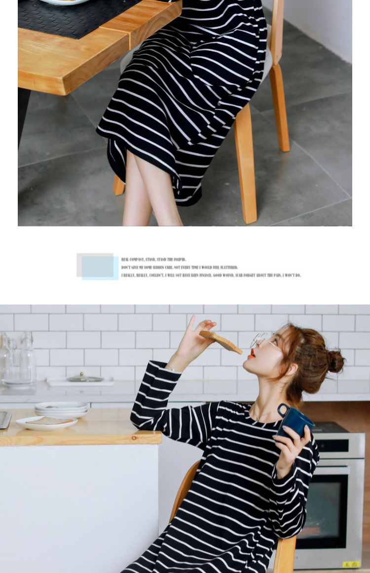 Váy ngủ nữ mùa thu cotton dài tay phiên bản Hàn Quốc có kích thước lớn sọc rộng mùa xuân và đồ ngủ dài mùa thu cho bà bầu có thể mặc váy dài mùa hè đồ bộ mặc nhà