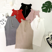 2019 spring and summer new Korean chic style retro fashion ring zipper slim stand-off shoulder vest female sleeveless top