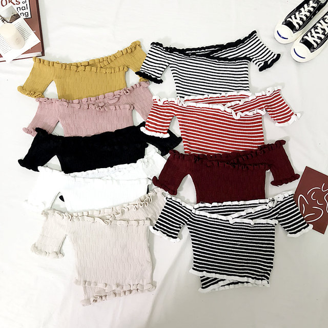 Summer ໄມ້ບາງໆຫູ-ແຂບຫນຶ່ງສາຍຄໍ off-shoulder cross-stretch striped ແຂນສັ້ນ slim slim knitted ເທິງແອວສູງ T