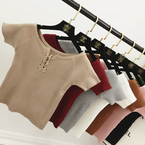 2018 summer new lace-up solid color knitted short sleeve T-shirt women's high waist slim sweater student short bottoming shirt