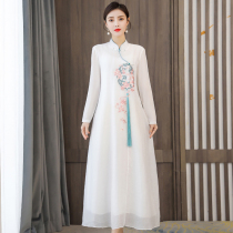 Chinese style 2021 spring embroidered long-sleeved loose waist temperament white Zen tea suit improved Cheongsam Hanfu dress