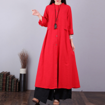 Oqi Ling Spring Summer New Collar Pure Color Retro in long dress Dress Art Big Code Cotton Linen Long Sleeve Shirt 8076