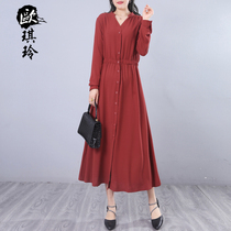Oqi Ling 2022 Spring new art Fan temperament pure color medium length V collar tightness waist shirt one-piece dress female 181
