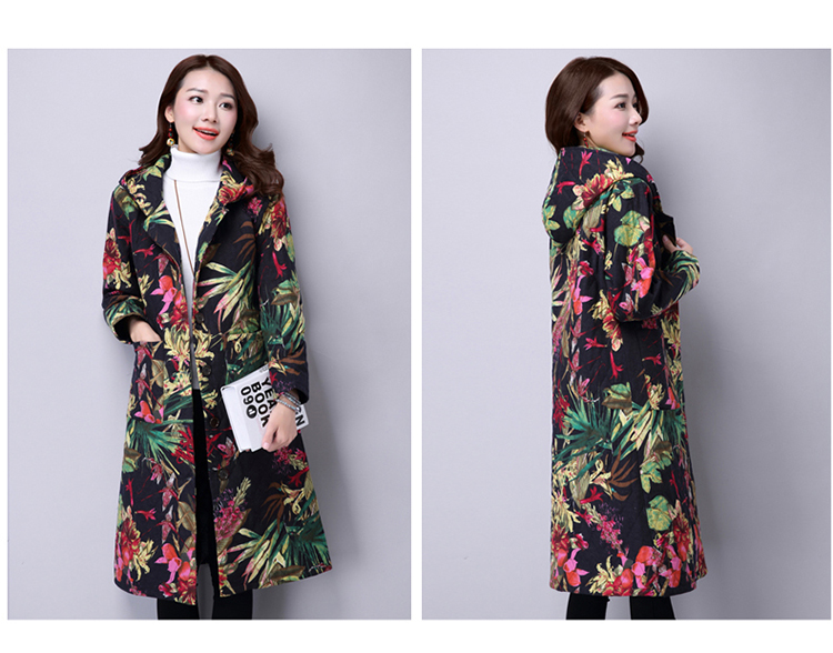 Áo khoác cotton và vải lanh dài 2018 mùa đông mới theo phong cách retro quốc gia in mũ của phụ nữ áo lông vũ chính hãng