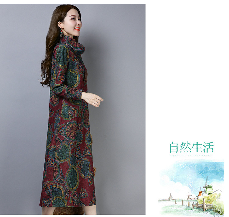 Mới 2018 thu đông phiên bản Hàn Quốc của mực in len rộng kích thước lớn cổ cao retro trên đầu gối dài phía dưới váy quần jean nữ lưng cao