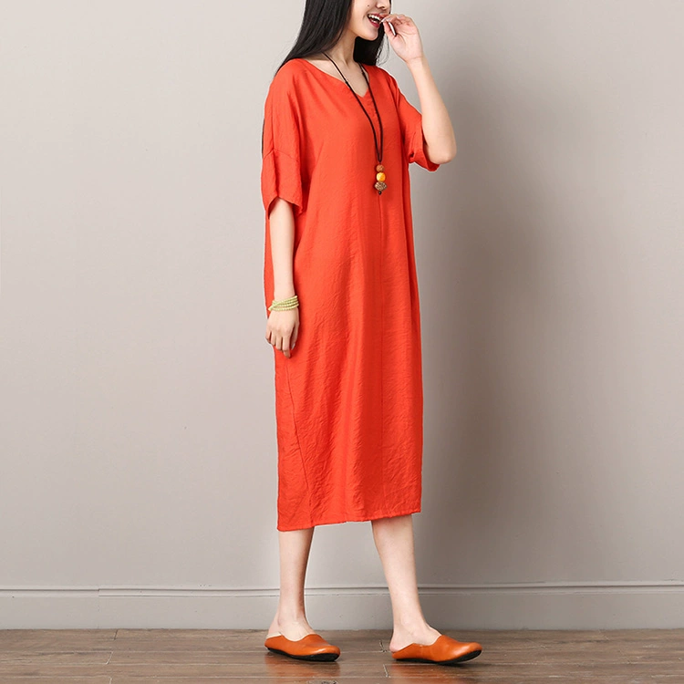 Mùa hè 2018 mới phong cách quốc gia của phụ nữ lỏng lẻo kích thước lớn cotton ngắn tay và vải lanh màu áo choàng lanh màu váy dài váy