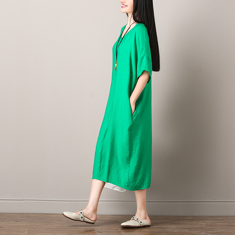Mùa hè 2018 mới phong cách quốc gia của phụ nữ lỏng lẻo kích thước lớn cotton ngắn tay và vải lanh màu áo choàng lanh màu váy dài váy áo khoác nữ 2020