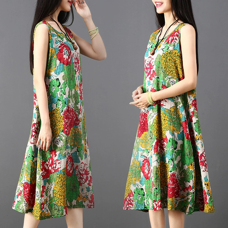 Vải cotton mỏng và lanh váy không tay giảm béo mùa hè dài giữa kiểu dân tộc vải lanh lỏng lẻo phong cách phương tây váy chữ A lớn - A-Line Váy