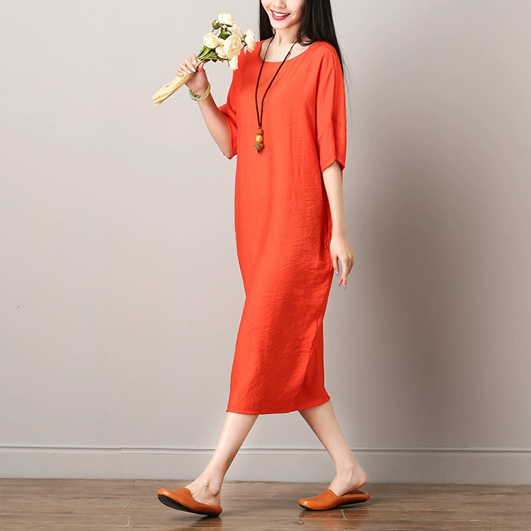 Mùa hè 2018 mới phong cách quốc gia của phụ nữ lỏng lẻo kích thước lớn cotton ngắn tay và vải lanh màu áo choàng lanh màu váy dài váy