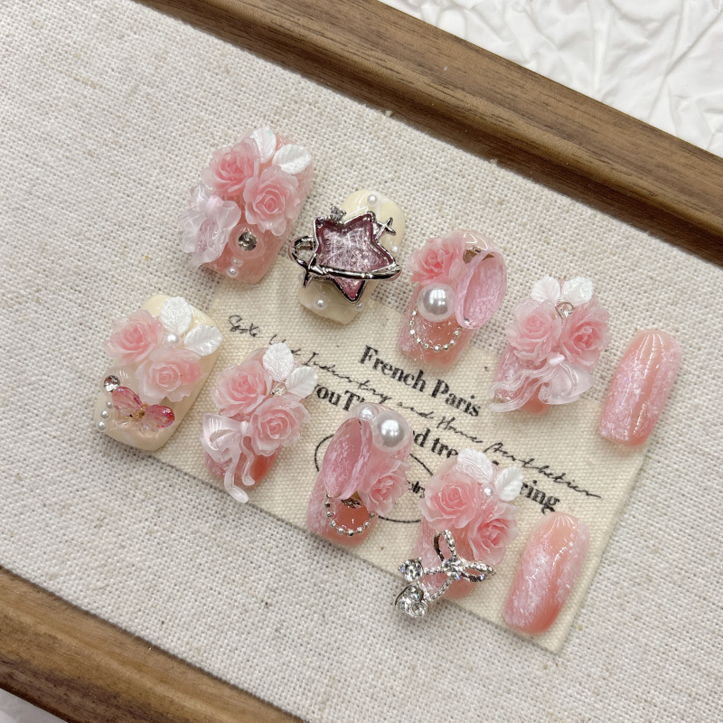Pink Cherry Blossom Daily Handmade Wearable Nails, High-End Manicure, 2026 New Year Short Square Almond Style for Women