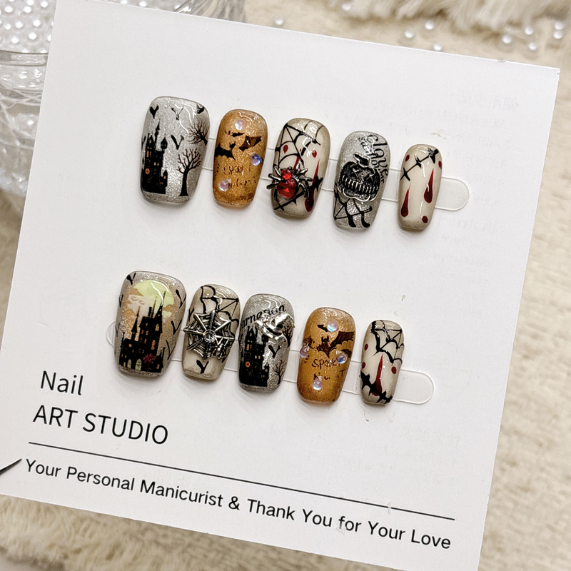 New Halloween Party Handmade Short Nail Art with Atmospheric Painting, Wearable Fake Nails, Short Almond Shape