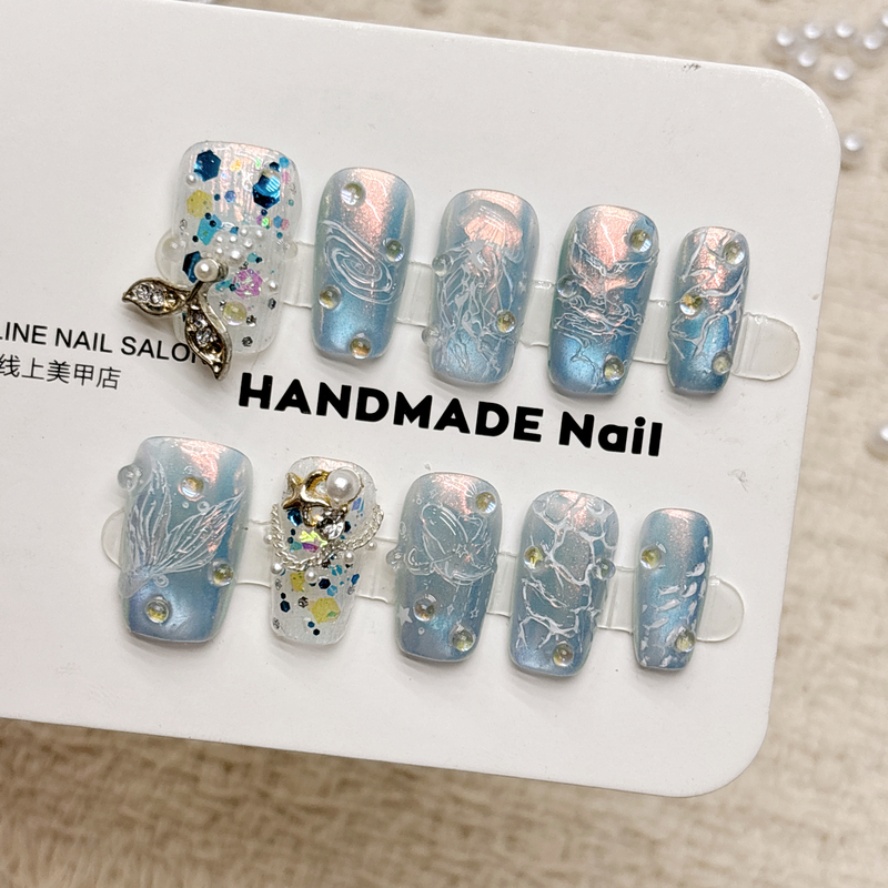 Ice Blue Gradient Cat-Eye Mermaid Tail Handmade Wearable Nails Hand-Painted Jellyfish Ocean Style Summer Short Oval Brightening Ice Blue Gradient Cat-Eye Mermaid Tail Handmade Wearable Nails Hand-Painted Jellyfish Ocean Style Summer Short Oval Brightening