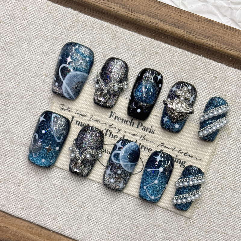 Blue Planet Universe Fantasy Handmade Wearable Nail Art 2026 New Year Short Trapezoid Style Almond Shape Brightening Cute