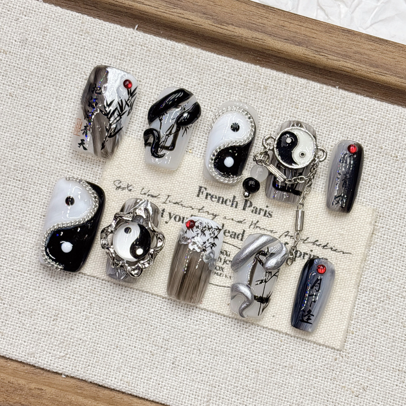 Auspicious and Good Luck, Chinese Style, New Chinese Style Tai Chi Bagua Array, Handmade Wearable Nails, Dark Short Square and Round Landscape Painting Design Auspicious and Good Luck, Chinese Style, New Chinese Style Tai Chi Bagua Array, Handmade Wearable Nails, Dark Short Square and Round Landscape Painting Design