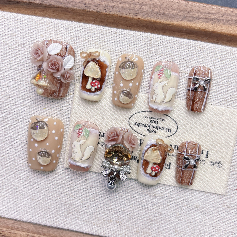 Squirrel Cartoon Mushroom Handmade Wearable Nails, High-End Cute Style for Female Students, Makes Skin Look Fairer, Three-Dimensional New Chinese Style Short Design