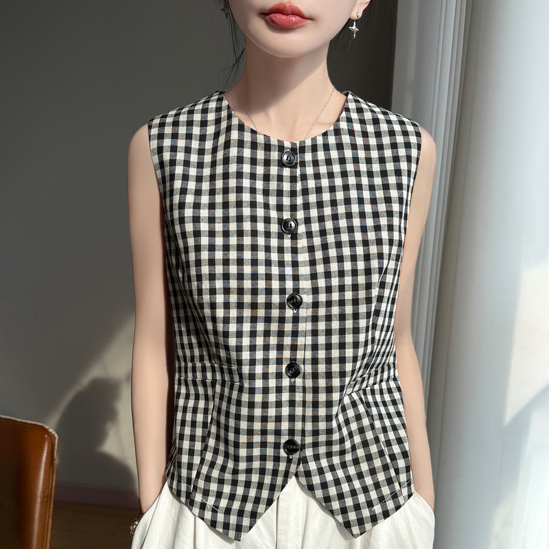 Summer New Plaid Tencel Sleeveless Vest Cardigan for Women, Round Neck Buttoned Waist-Cinching Vest with a Unique Design