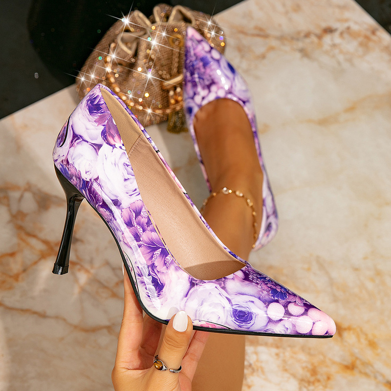 Huizhou Aliexpress Women's High-Heeled Sandals, Fashionable Purple Printed Simple Pointed-Toe Stiletto High-Heeled Sandals for Women Huizhou Aliexpress Women's High-Heeled Sandals, Fashionable Purple Printed Simple Pointed-Toe Stiletto High-Heeled Sandals for Women