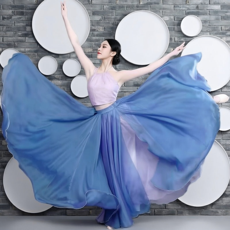 Dream Dance Costume Liu Hao Cun Blue Half Skirt Double Layer Large Swing Skirt 720 Degree Reversible Flowy Long Skirt