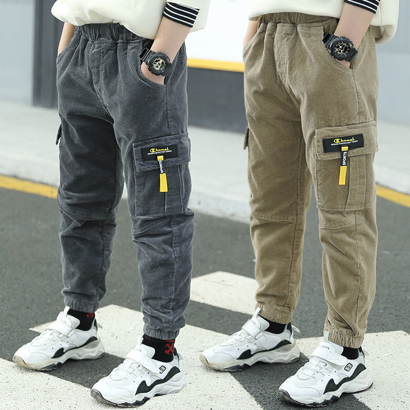 Boys' corduroy trousers fried street 2022 autumn and winter new western style middle-aged children's casual fleece overalls trousers trend