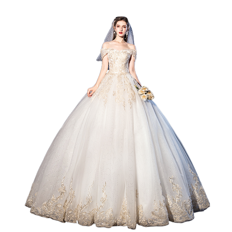 chiếc váy cưới Thạc sĩ năm 2020 cô dâu mới hiển thị mỏng Sen đơn giản một từ kiểu Pháp sao giấc mơ siêu cổ tích ra khỏi chiếc váy