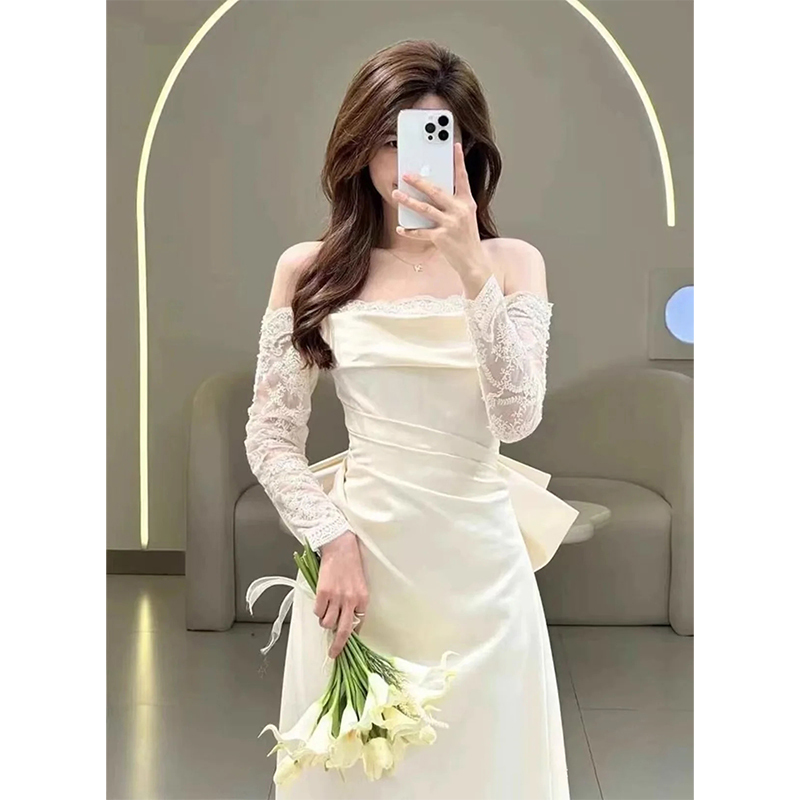 One-Shoulder Satin Main Wedding Dress, French-Style Bridal Gown, 2026 New Long-Sleeve Reception and Departure Light Tulle Engagement Dress