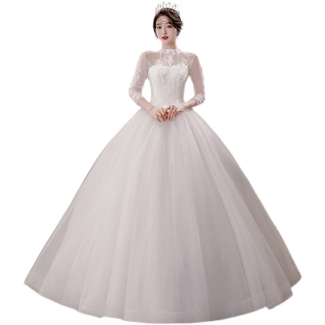 Main wedding dress 2021 new bride one-shoulder temperament long-sleeved high-end court style princess French 2022 veil