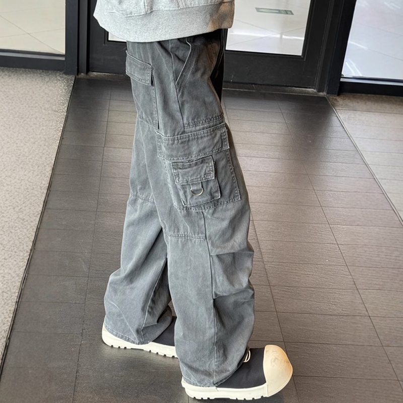 American Retro Washed Multi-Pocket Straight-Leg Cargo Pants Unisex Street Style Loose Versatile Pleated Vibe Jeans for Men