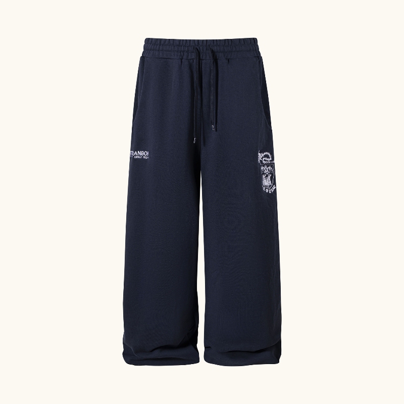 American Street Style Bat Castle Embroidery Navy Blue Sweatpants with a Unique Design, Niche Sports Fitness Casual Loose Long Pants American Street Style Bat Castle Embroidery Navy Blue Sweatpants with a Unique Design, Niche Sports Fitness Casual Loose Long Pants