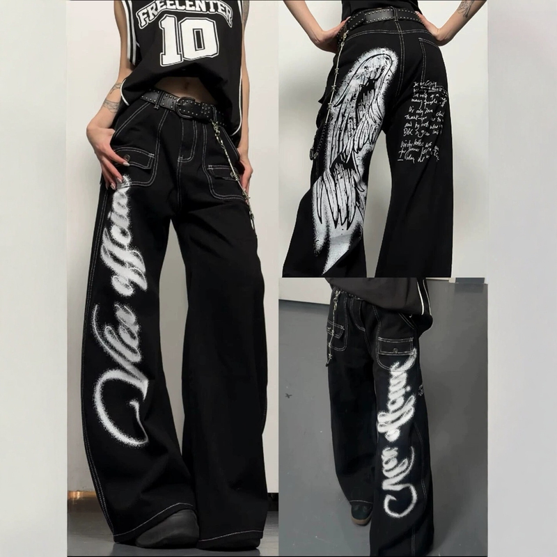 American-Style Light High-Street Wing Print Graffiti Exposed Seam Scimitar Jeans Unisex Loose Wide-Leg Versatile Long Pants