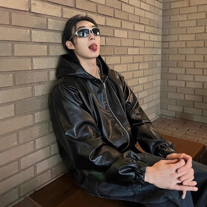 American Retro Short Silhouette Hooded Leather Jacket ins High-End, Handsome and Environmentally Friendly Pu Leather Windproof Jacket