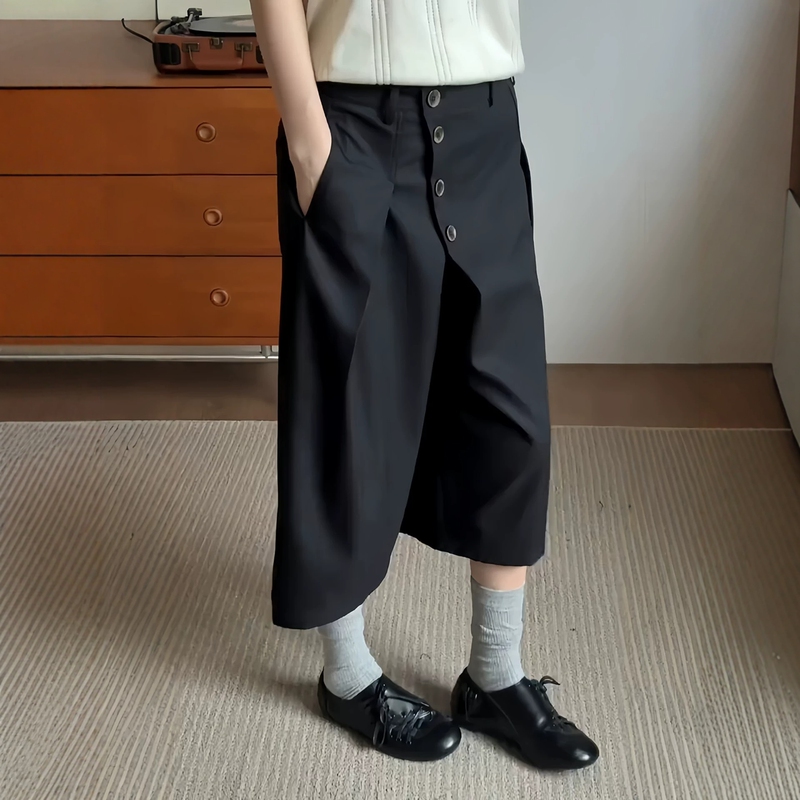 Summer Old Money Style Deconstructed Buttoned Cropped Trousers, Men's Drapey Casual Design Wide-Leg Shorts, Unisex