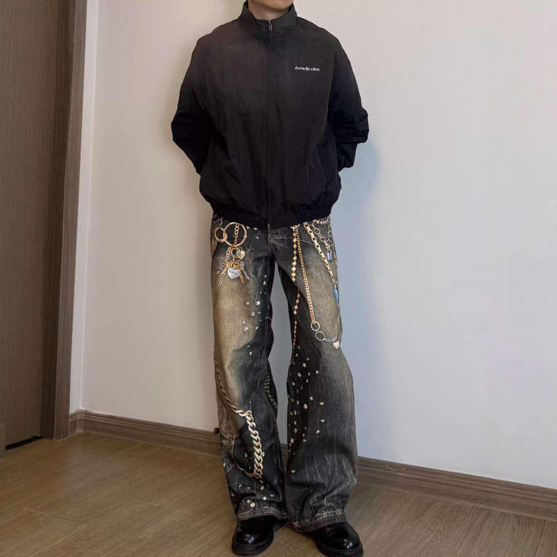 [Same Style as Wang Sulong] American-Style Ac Limited Edition Illusion Chain Pendant Printed Jeans Loose Straight-Leg Pants for Men