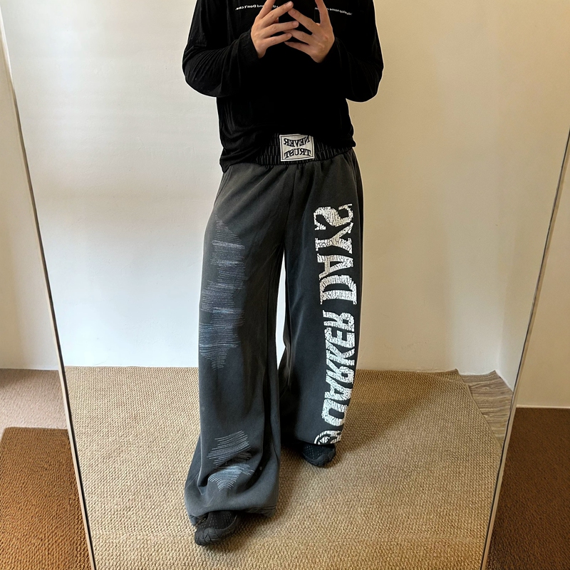 American Retro Heavy-Duty Washed Vintage Sweatpants for Men, Loose Hip-Hop Gothic Sanskrit Casual Long Pants, Wide-Leg Curved Pants