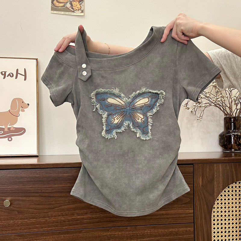 Creamy Universe Patchwork Butterfly Tie-Dye Asymmetrical Shoulder Short Sleeve T-Shirt for Women, Vintage Sweet Cool Style, Waist-Cinching Short Top Creamy Universe Patchwork Butterfly Tie-Dye Asymmetrical Shoulder Short Sleeve T-Shirt for Women, Vintage Sweet Cool Style, Waist-Cinching Short Top