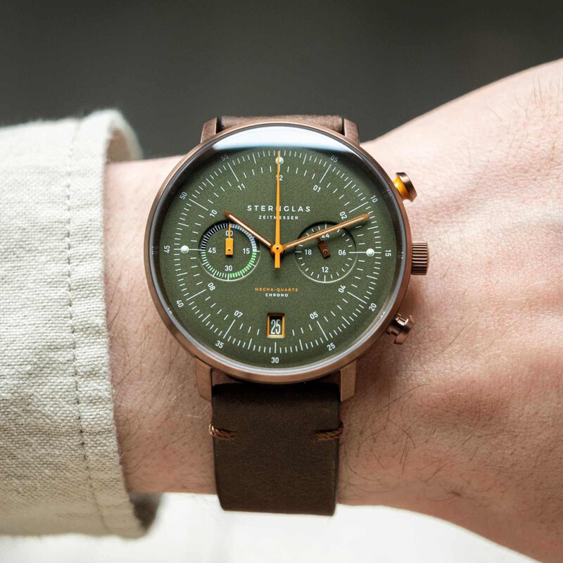 German Sternglas Bauhaus Large Dial Chronograph Watch Simple Men's Formal Sports Leather Green Watch