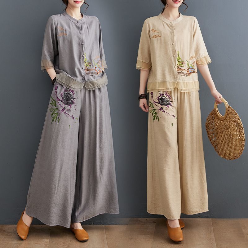 Cotton and Linen Two-Piece Fashion Suit, Casual Ethnic Style Suit, Summer Cardigan, Embroidered Mother's Loose Two-Piece Suit for Women