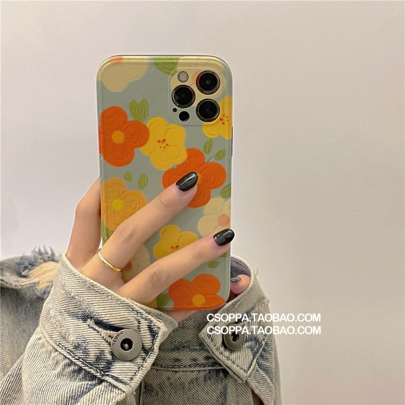Oil painting cute flowers applicable iPhone13 12promax Apple 11 mobile phone protective shell 7 8plus softshell xr female