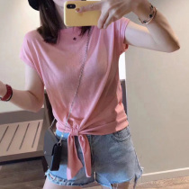 2021 summer womens Korean version of new knitted Ice Silk thin design sense niche loose short sleeve T-shirt short top