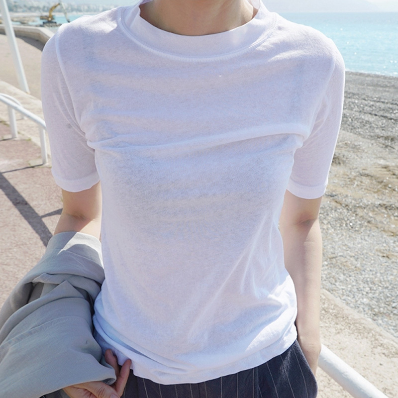 White Snowflake Cotton Short-Sleeve T-Shirt for Women, Slightly Sheer, Solid Color, Basic Style, Round Neck, Regular Shoulder, Inner Layer, Base Shirt, Top White Snowflake Cotton Short-Sleeve T-Shirt for Women, Slightly Sheer, Solid Color, Basic Style, Round Neck, Regular Shoulder, Inner Layer, Base Shirt, Top