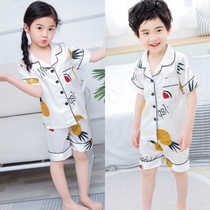  Childrens pajamas summer ice silk mens and womens summer thin sweat-absorbing short-sleeved summer boys cute home clothes set tide