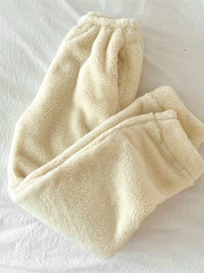 New autumn and winter pajamas, women's coral velvet pocket warm pants, solid color winter thickened flannel home pants