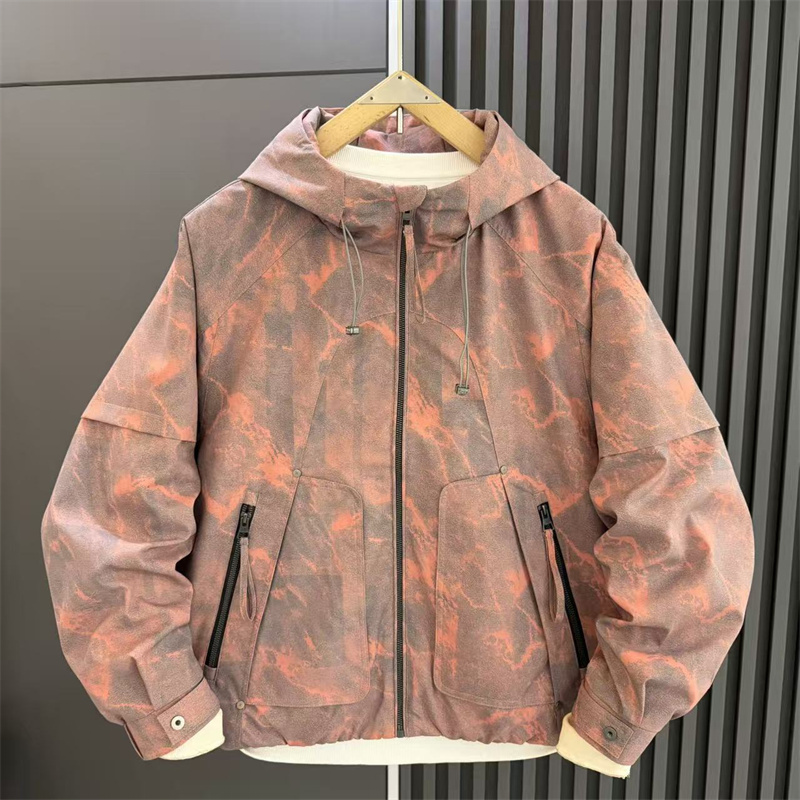 Spring Tie-Dye Camouflage Hooded Jacket for Men, American Casual Workwear, Outdoor Couple's Youth Windbreaker, Trendy Outerwear