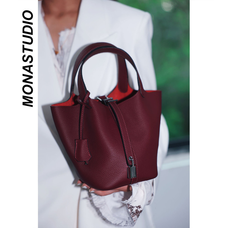 First-Layer Cowhide Bucket Bag for Women, High-End Market Basket Bag, Genuine Leather Versatile Commuter Handbag, Ankora Red