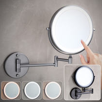 LED免打孔浴室折叠美容镜三色灯 银色双面化妆镜伸缩放大镜子壁挂