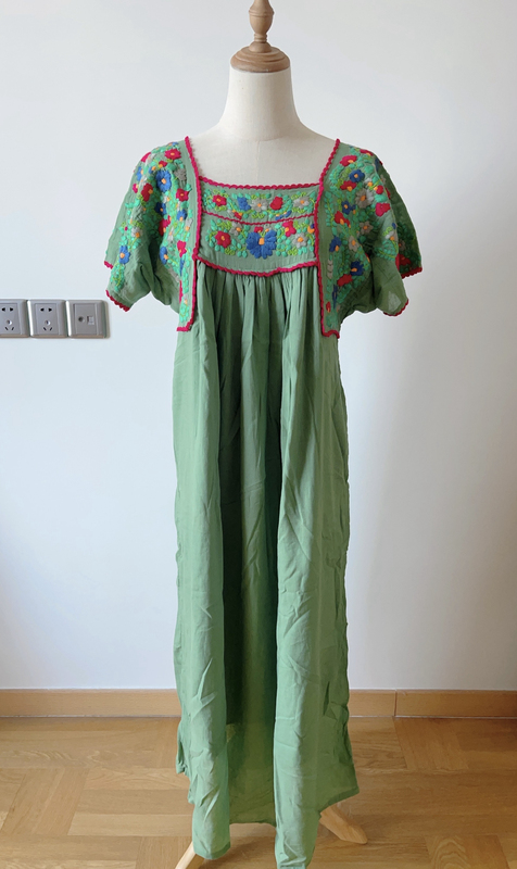 Thai-Mexican Handmade Embroidered Square-Neck Color-Blocked Artistic Thai Cotton Loose Ethnic Style Embroidered Dress New in Stock