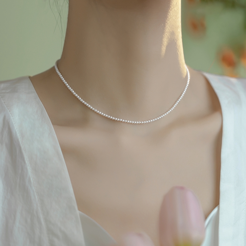 2mm fine babynatural sea water small pearl necklace woman akoya light extravagant 18k gold superior sense lock bone chain-Taobao