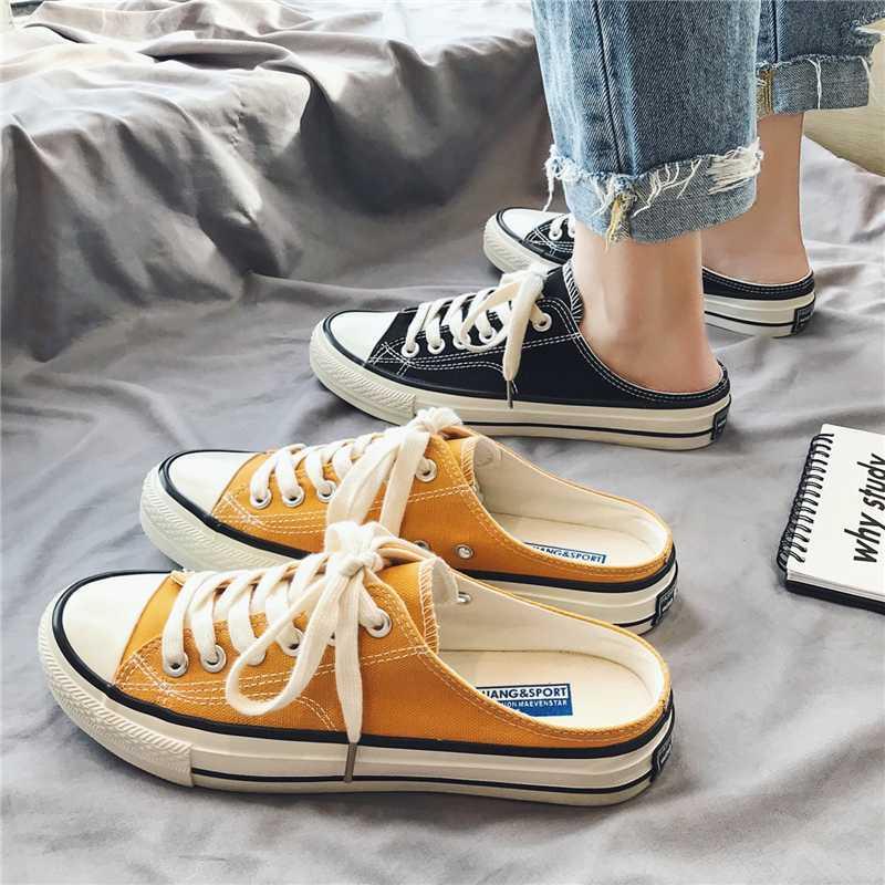 Summer Half-Slippers Men's Canvas Shoes Couple Korean Style Versatile Lazy Shoes Trendy Shoes Niche Heelless Half-Slip Men's Shoes