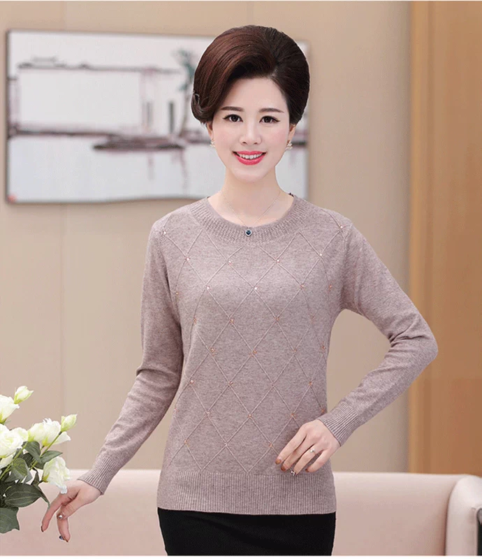 Áo len cho mẹ mùa thu và áo len mùa thu áo sơ mi mới trung niên của phụ nữ áo len mùa thu áo sơ mi dài tay váy nữ trung niên